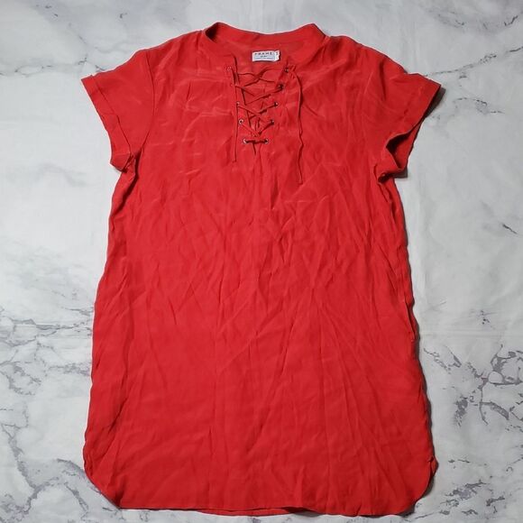 FRAME Denim Blood Orange Silk Lace-Up Dress - Picture 1 of 7
